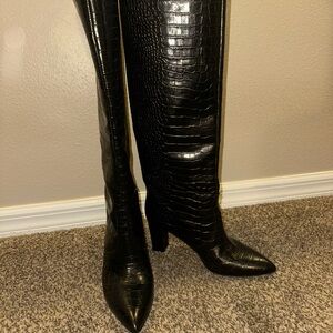 Capezzani - Black Croc-Embossed Over-the-Knee Pointed Heel Boots (Italian made)